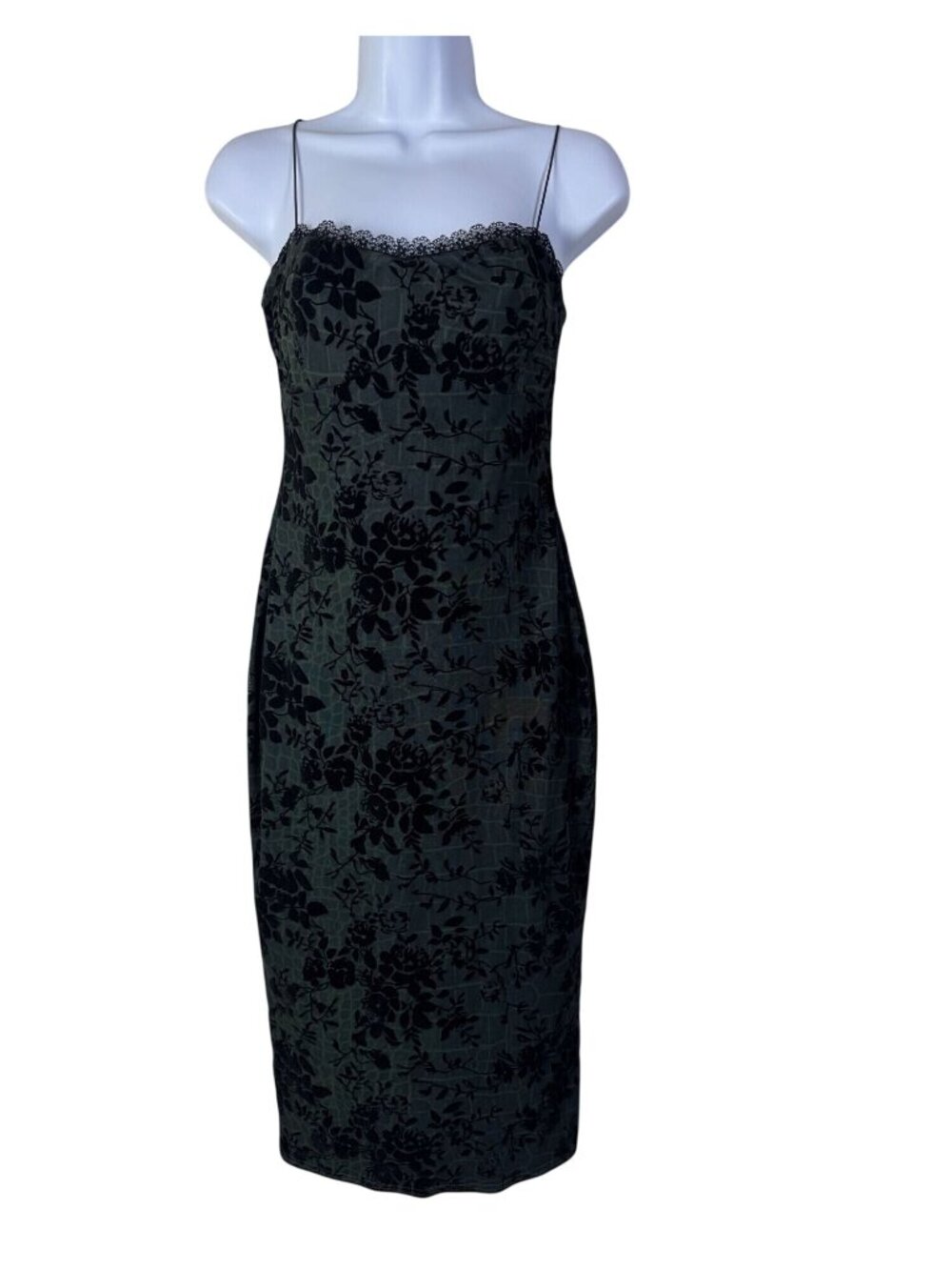 NEW Windsor Olive Green Floral Velvet Midi Dress Lace size L / M Bodycon Y2K 90s